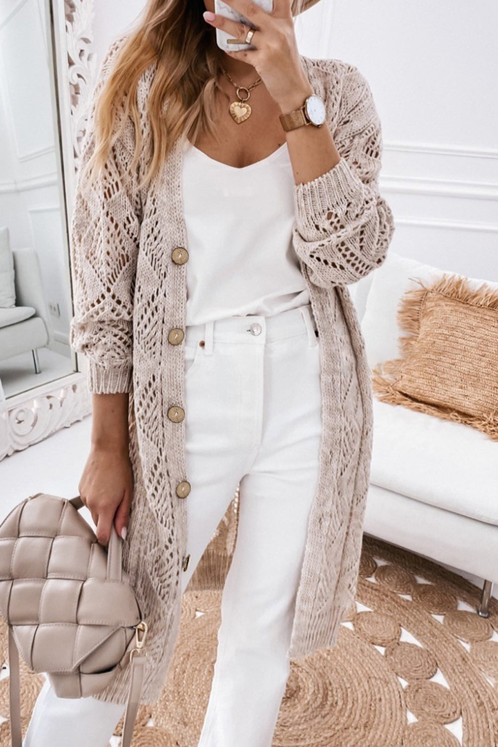 Khaki Hollow-out Openwork Knit Cardigan - Tatieonline