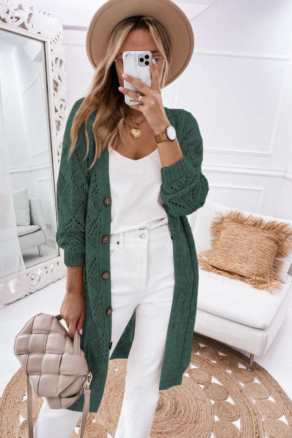 Khaki Hollow-out Openwork Knit Cardigan - Tatieonline