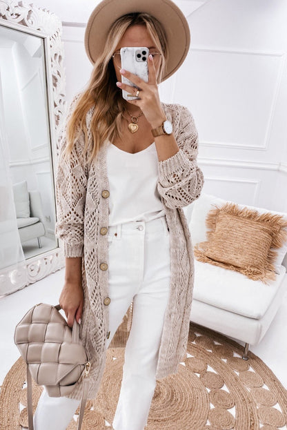 Khaki Hollow-out Openwork Knit Cardigan - Tatieonline