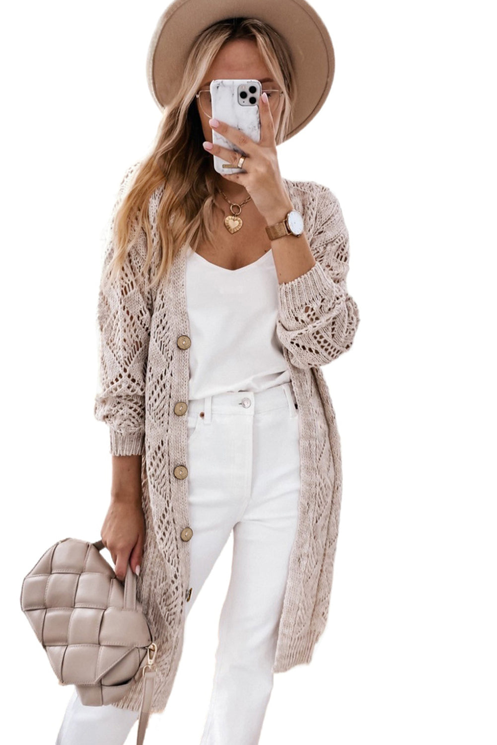 Khaki Hollow-out Openwork Knit Cardigan - Tatieonline