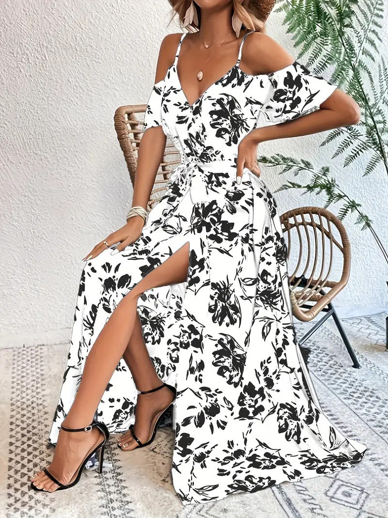 Robe longue fendue à épaules dénudées, imprimé floral, bretelles, avec ceinture - Tatieonline