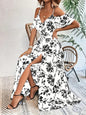Robe longue fendue à épaules dénudées, imprimé floral, bretelles, avec ceinture - Tatieonline