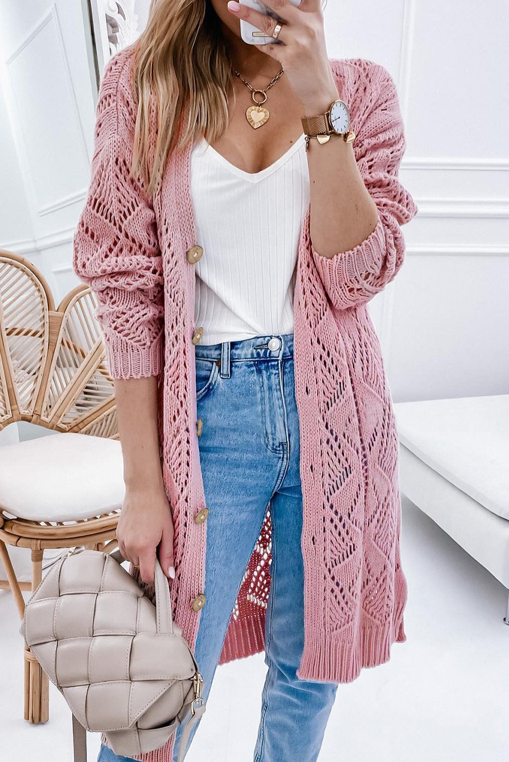 Khaki Hollow-out Openwork Knit Cardigan - Tatieonline