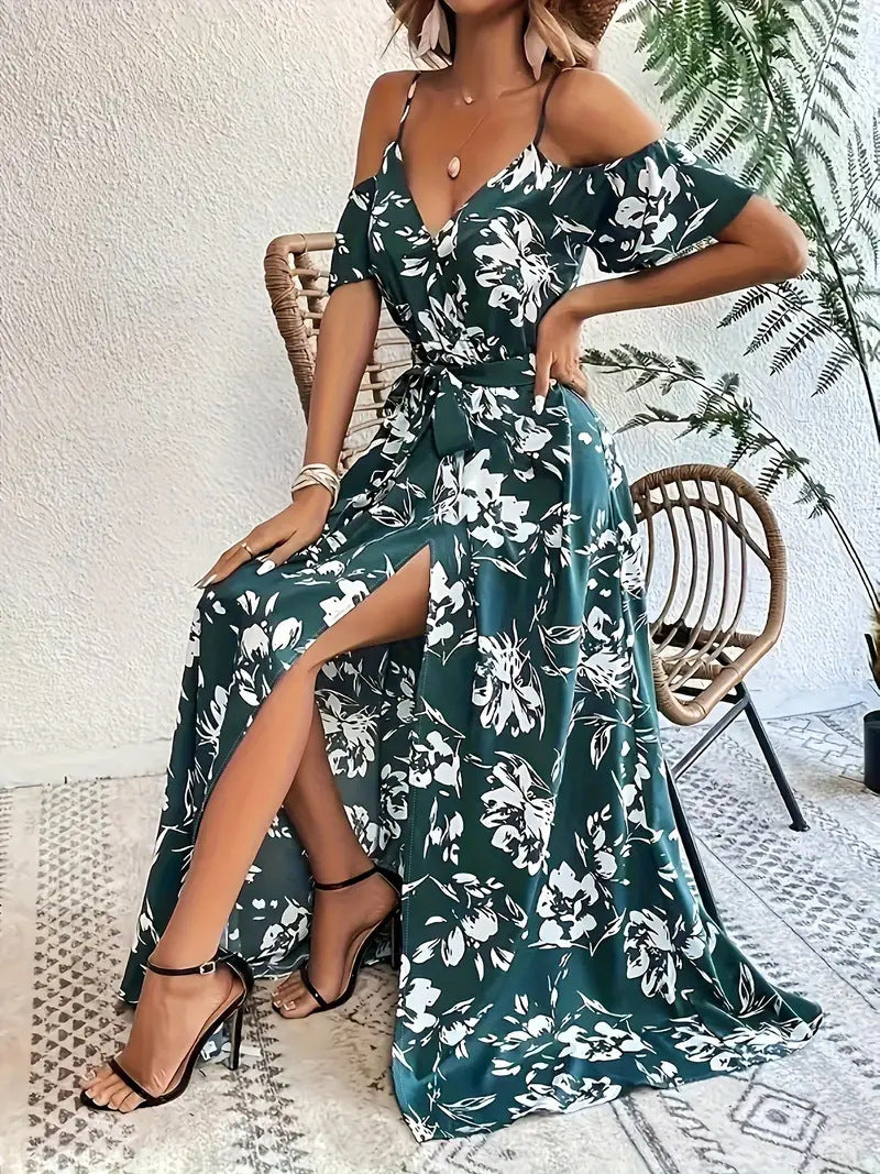 Robe longue fendue à épaules dénudées, imprimé floral, bretelles, avec ceinture - Tatieonline