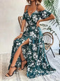 Robe longue fendue à épaules dénudées, imprimé floral, bretelles, avec ceinture - Tatieonline