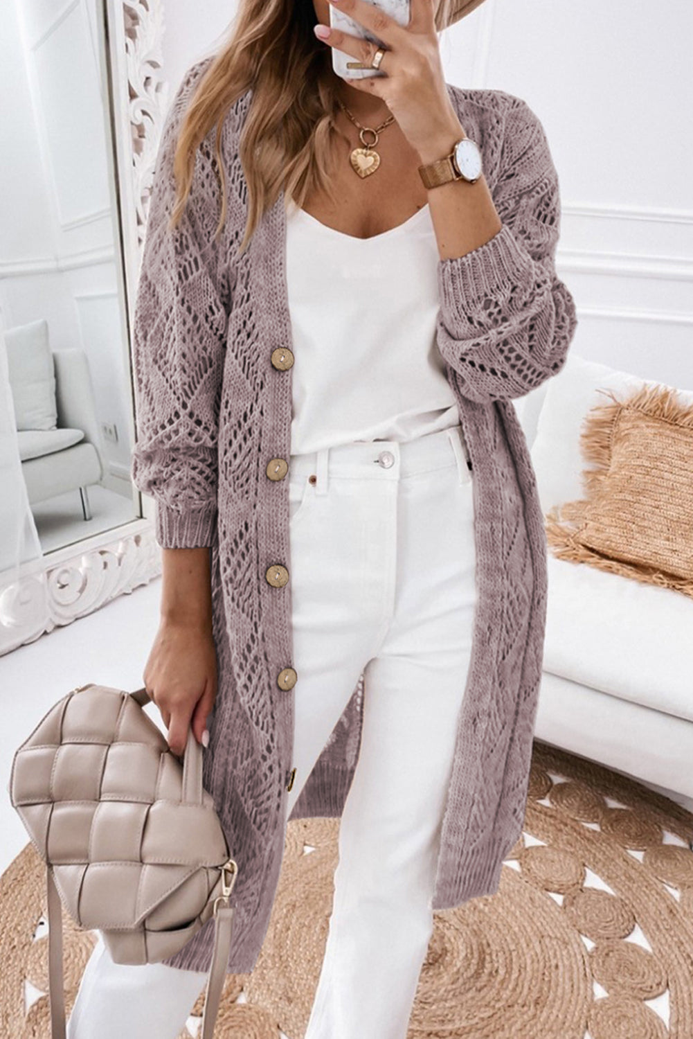Khaki Hollow-out Openwork Knit Cardigan - Tatieonline