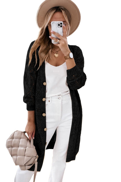Khaki Hollow-out Openwork Knit Cardigan - Tatieonline