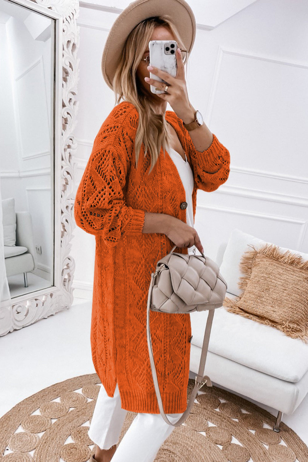 Khaki Hollow-out Openwork Knit Cardigan - Tatieonline