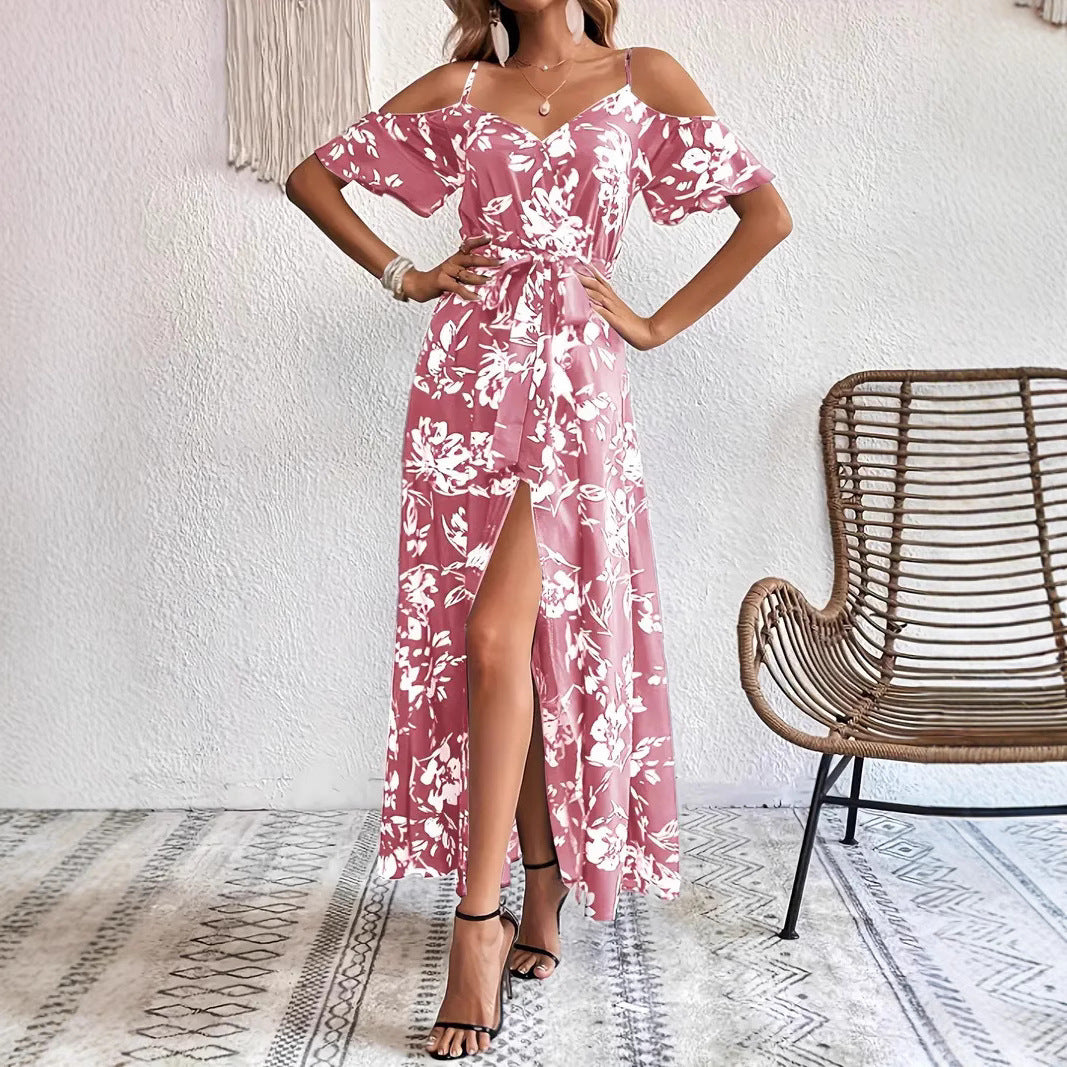 Robe longue fendue à épaules dénudées, imprimé floral, bretelles, avec ceinture - Tatieonline