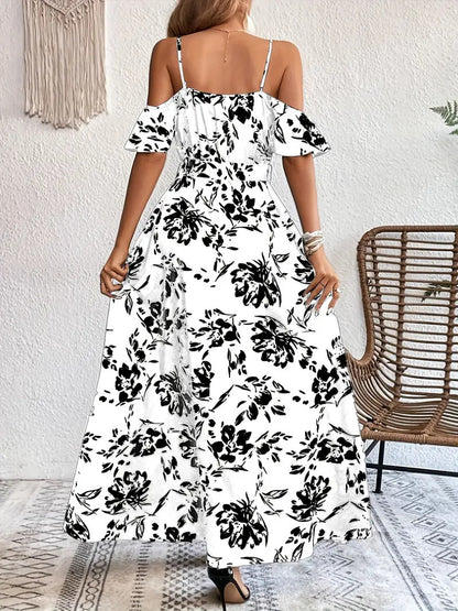 Robe longue fendue à épaules dénudées, imprimé floral, bretelles, avec ceinture - Tatieonline
