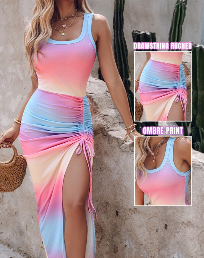 Robe moulante sans manches pour femme - Robe longue moulante à col rond et taille à volants avec fente latérale - Tatieonline