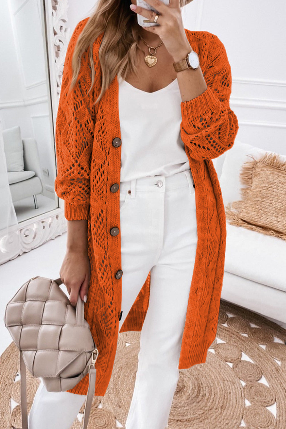 Khaki Hollow-out Openwork Knit Cardigan - Tatieonline