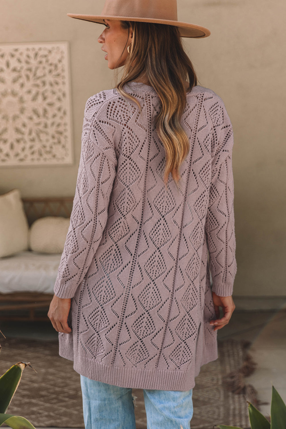 Khaki Hollow-out Openwork Knit Cardigan - Tatieonline