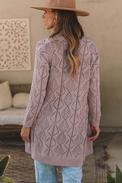 Khaki Hollow-out Openwork Knit Cardigan - Tatieonline