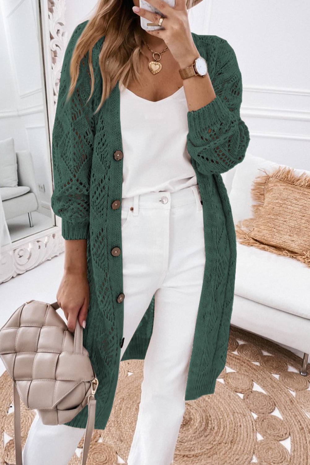 Khaki Hollow-out Openwork Knit Cardigan - Tatieonline