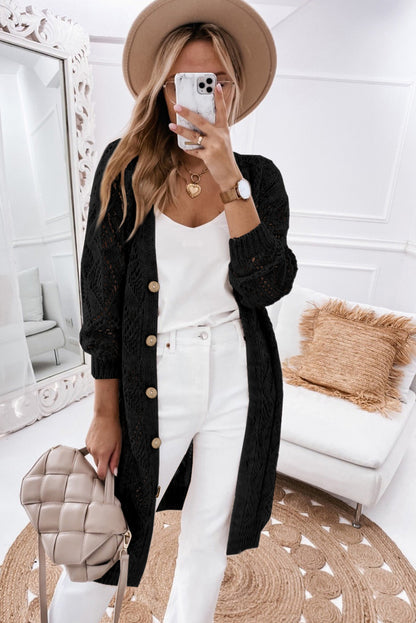 Khaki Hollow-out Openwork Knit Cardigan - Tatieonline