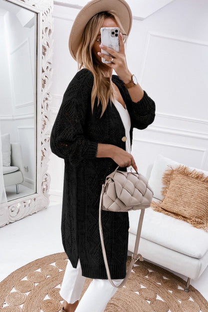 Khaki Hollow-out Openwork Knit Cardigan - Tatieonline