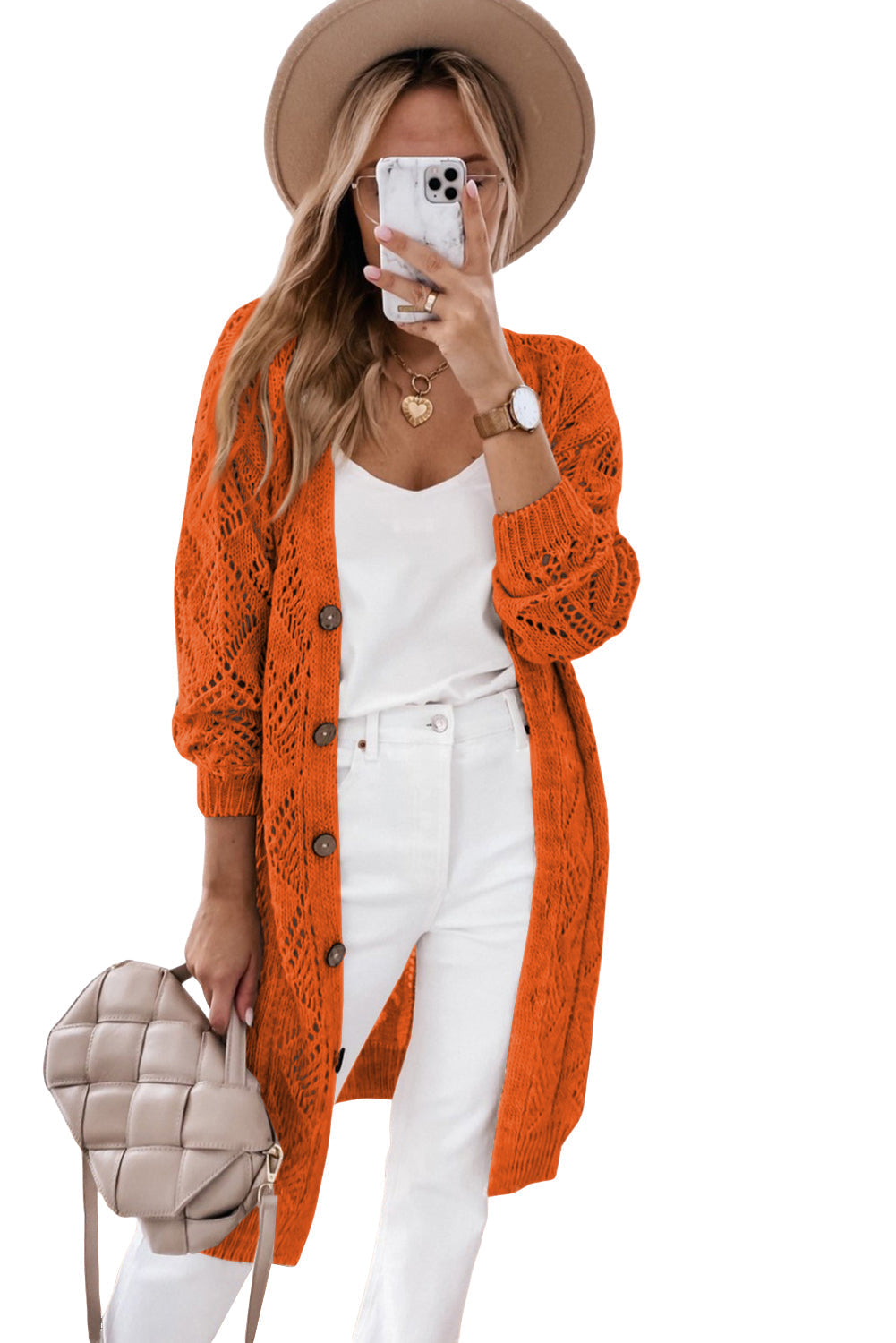 Khaki Hollow-out Openwork Knit Cardigan - Tatieonline
