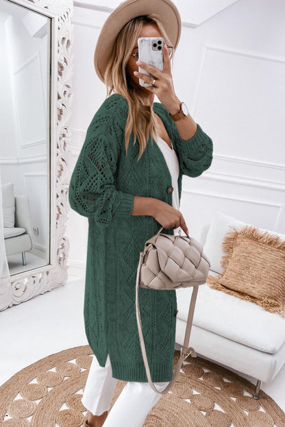 Khaki Hollow-out Openwork Knit Cardigan - Tatieonline