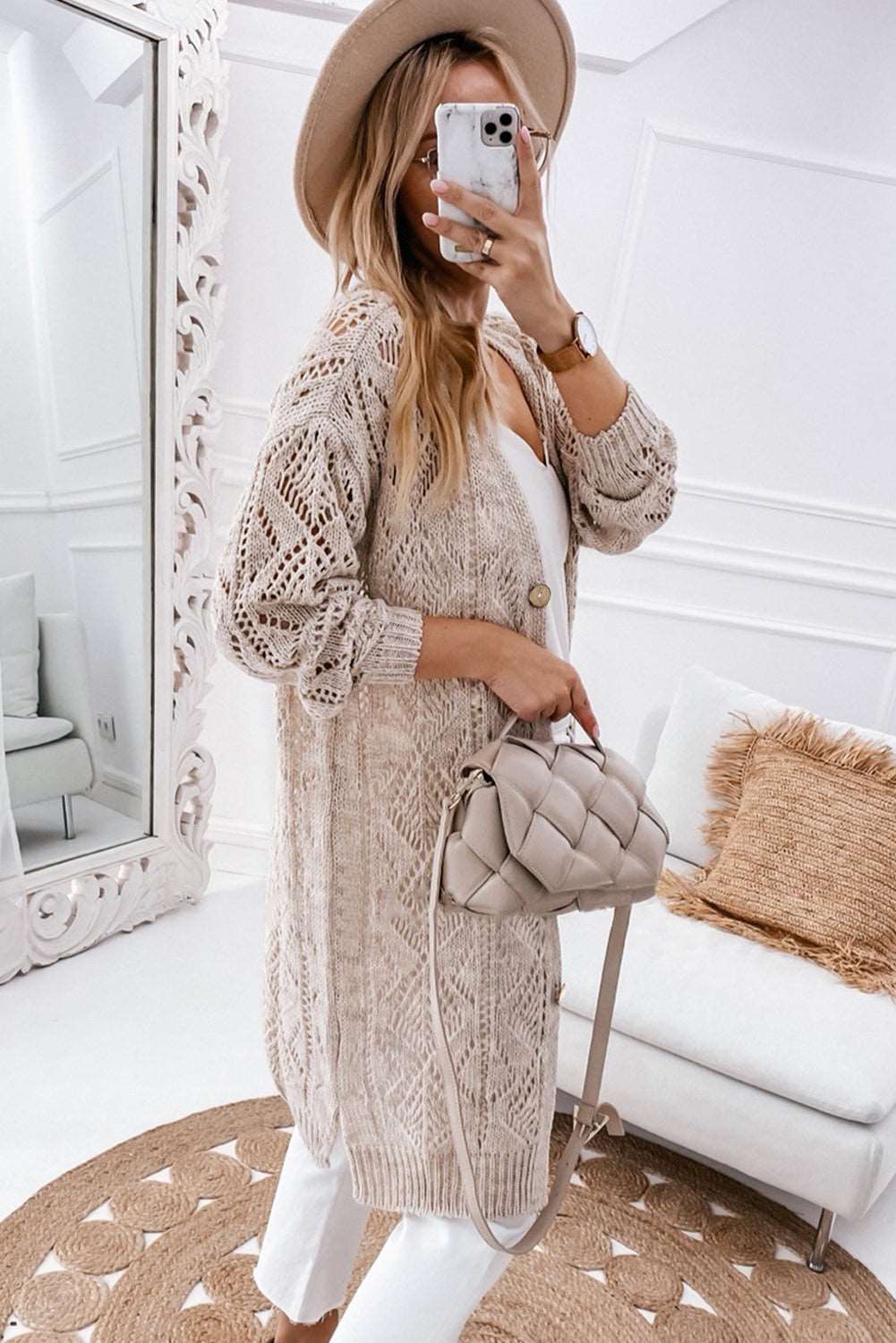 Khaki Hollow-out Openwork Knit Cardigan - Tatieonline