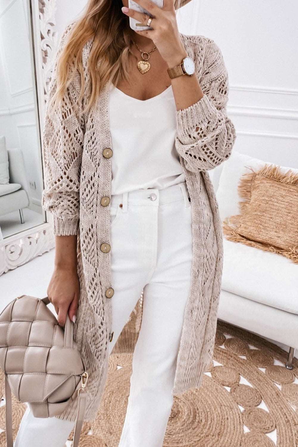 Khaki Hollow-out Openwork Knit Cardigan - Tatieonline