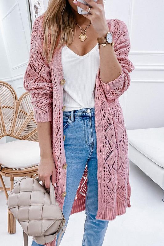 Khaki Hollow-out Openwork Knit Cardigan - Tatieonline