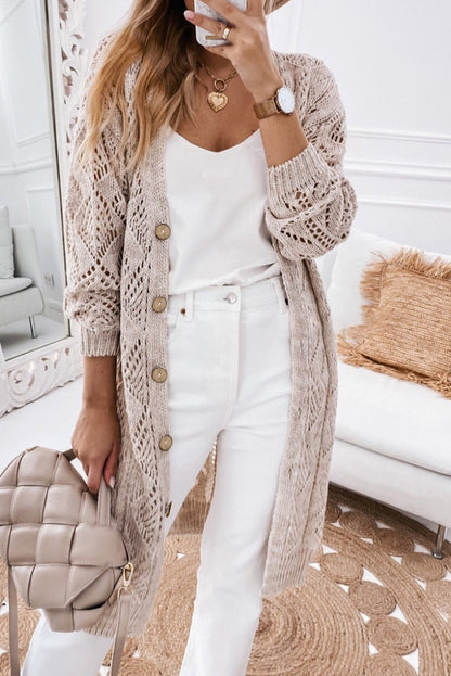 Khaki Hollow-out Openwork Knit Cardigan - Tatieonline