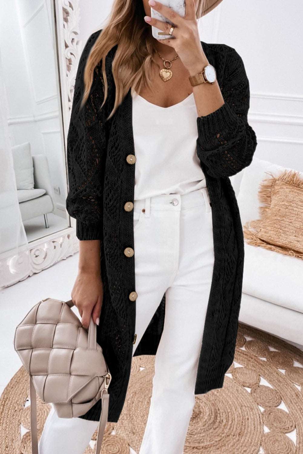 Khaki Hollow-out Openwork Knit Cardigan - Tatieonline