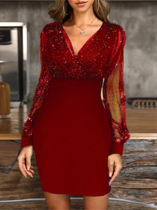 Mesh V-neck sequined long-sleeved dress slim dress for women Tatieonline