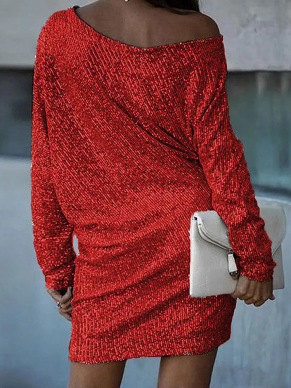 New women's midi skirt oblique shoulder sequin dress dress skirt Tatieonline
