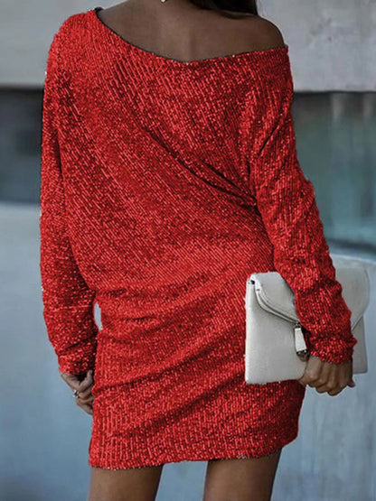 New women's midi skirt oblique shoulder sequin dress dress skirt Tatieonline