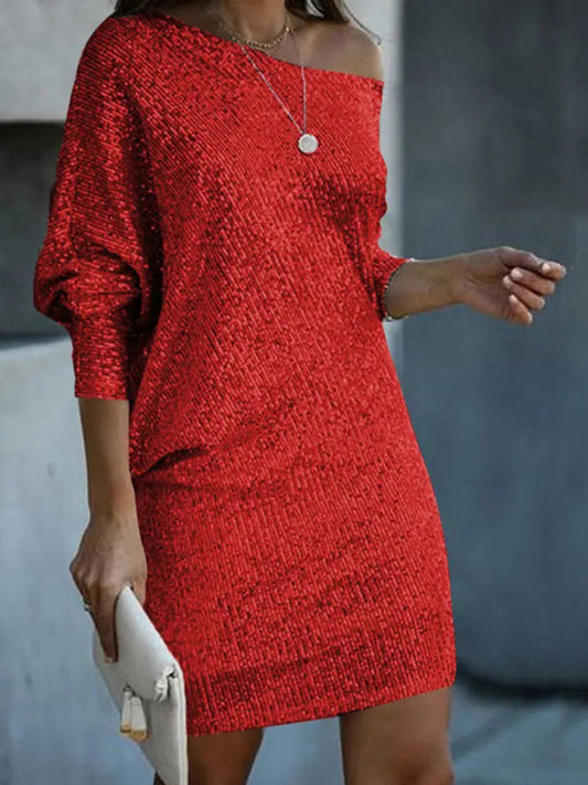New women's midi skirt oblique shoulder sequin dress dress skirt Tatieonline