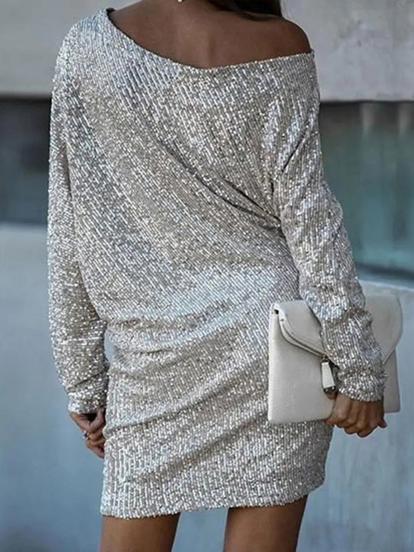 New women's midi skirt oblique shoulder sequin dress dress skirt Tatieonline