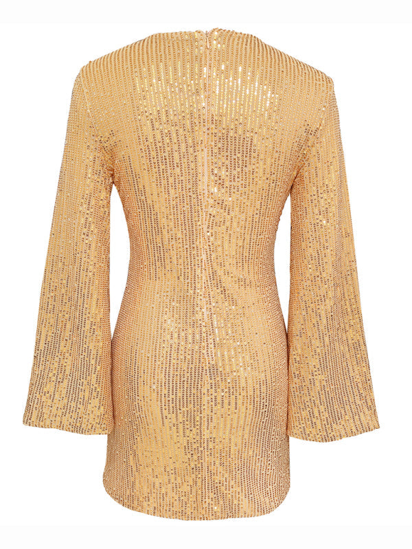 Women's sequin bell sleeve fashionable casual shiny dress Tatieonline