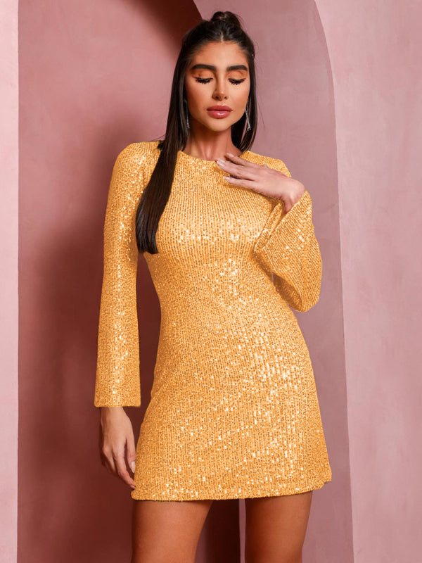 Women's sequin bell sleeve fashionable casual shiny dress Tatieonline