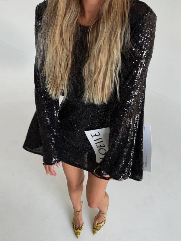 Women's sequin bell sleeve fashionable casual shiny dress Tatieonline