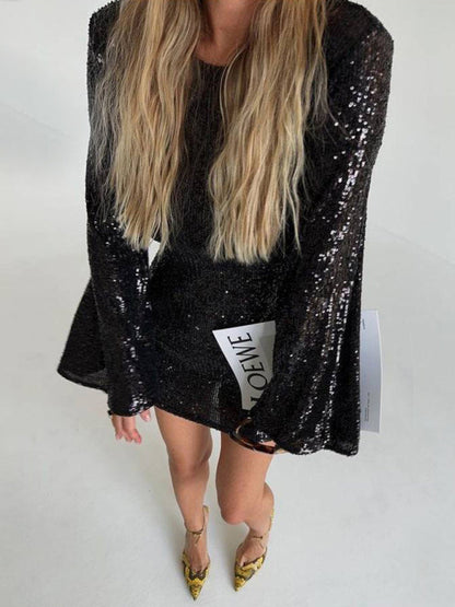 Women's sequin bell sleeve fashionable casual shiny dress Tatieonline