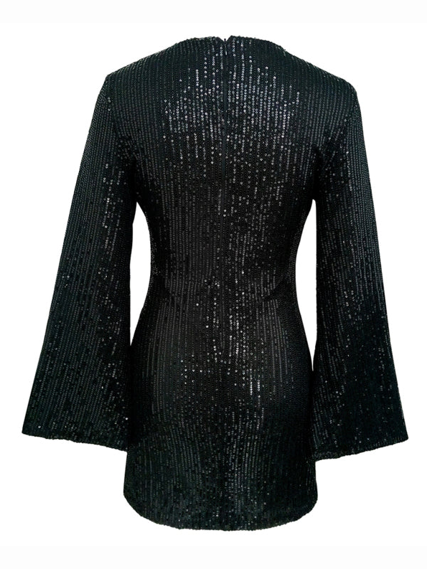 Women's sequin bell sleeve fashionable casual shiny dress Tatieonline