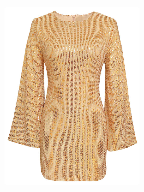 Women's sequin bell sleeve fashionable casual shiny dress Tatieonline