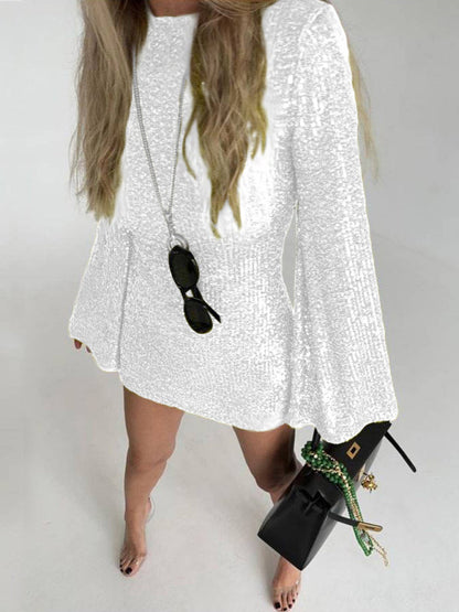 Women's sequin bell sleeve fashionable casual shiny dress Tatieonline