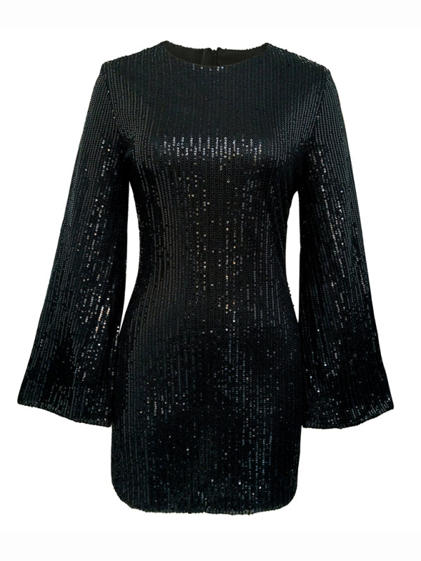Women's sequin bell sleeve fashionable casual shiny dress Tatieonline