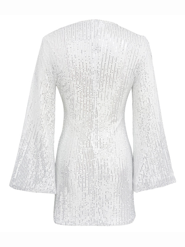 Women's sequin bell sleeve fashionable casual shiny dress Tatieonline