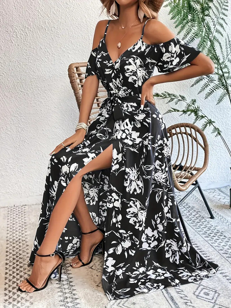 Robe longue fendue à épaules dénudées, imprimé floral, bretelles, avec ceinture - Tatieonline