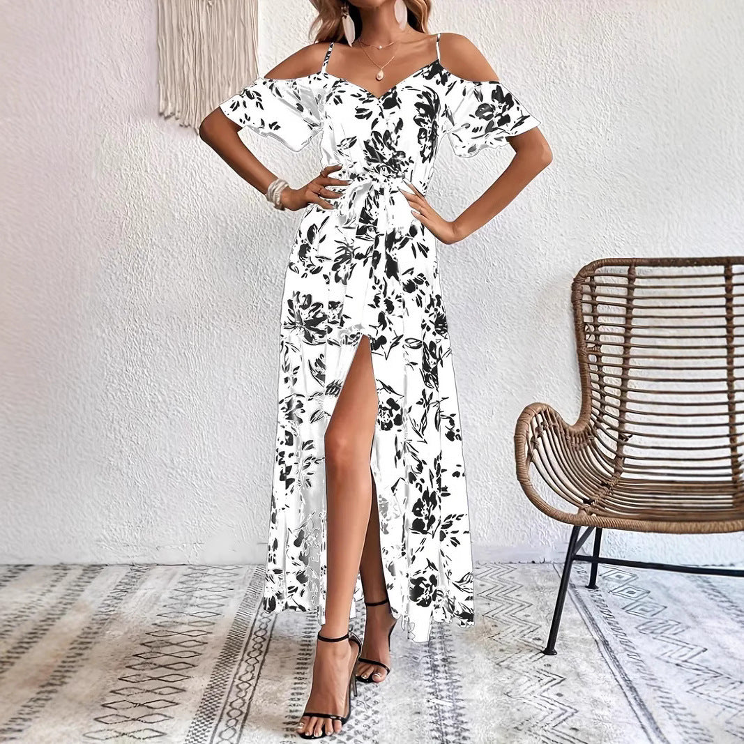 Robe longue fendue à épaules dénudées, imprimé floral, bretelles, avec ceinture - Tatieonline
