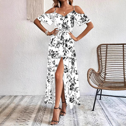 Robe longue fendue à épaules dénudées, imprimé floral, bretelles, avec ceinture - Tatieonline