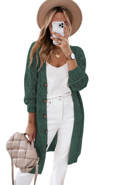 Khaki Hollow-out Openwork Knit Cardigan - Tatieonline
