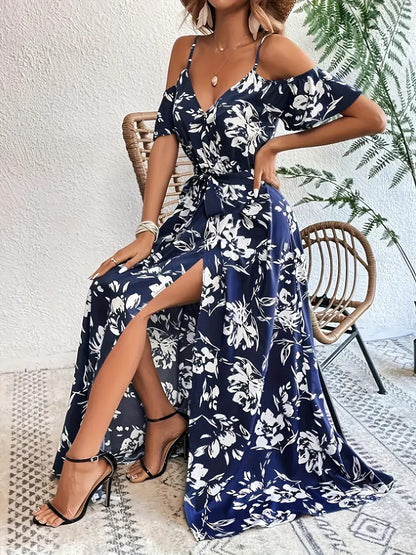Robe longue fendue à épaules dénudées, imprimé floral, bretelles, avec ceinture - Tatieonline