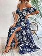 Robe longue fendue à épaules dénudées, imprimé floral, bretelles, avec ceinture - Tatieonline