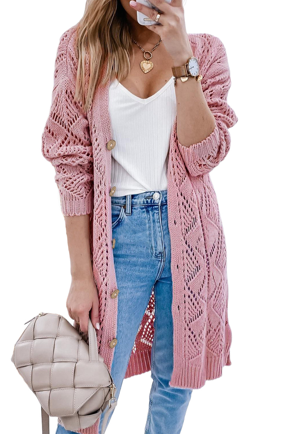 Khaki Hollow-out Openwork Knit Cardigan - Tatieonline