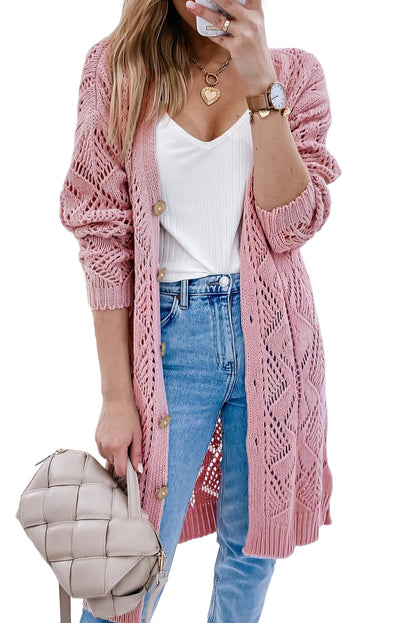 Khaki Hollow-out Openwork Knit Cardigan - Tatieonline